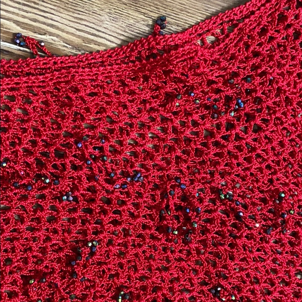 Red see through Woven knit Shaw poncho shrug sweater - Picture 3 of 7